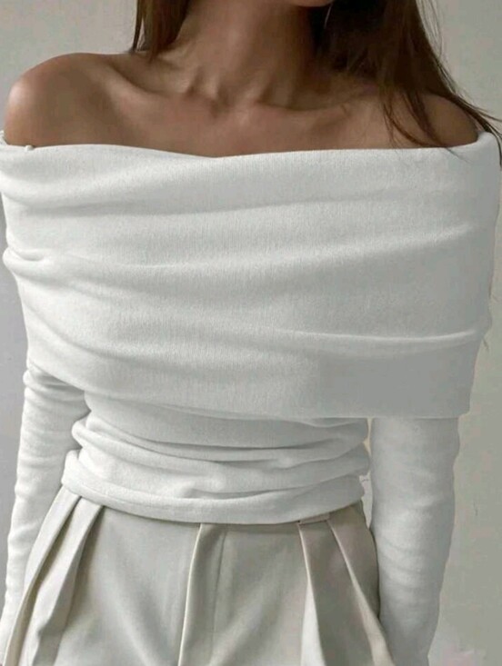 Tops - Women's Off Shoulder Fitted T-Shirt, Autumn/Winter New Arrival Long Sleeve